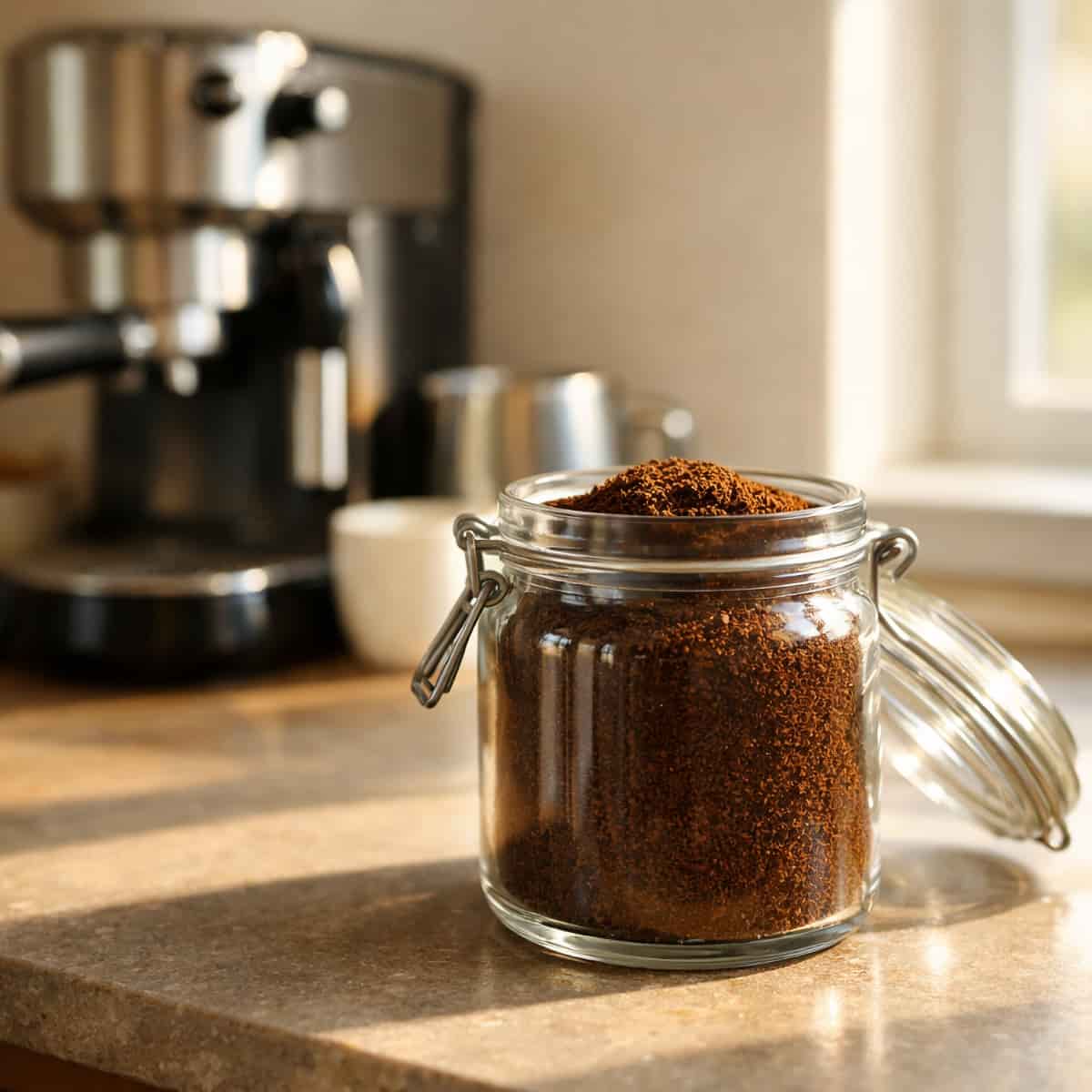 Bocal transparent de café moulu exposé à la lumière près d'une fenêtre