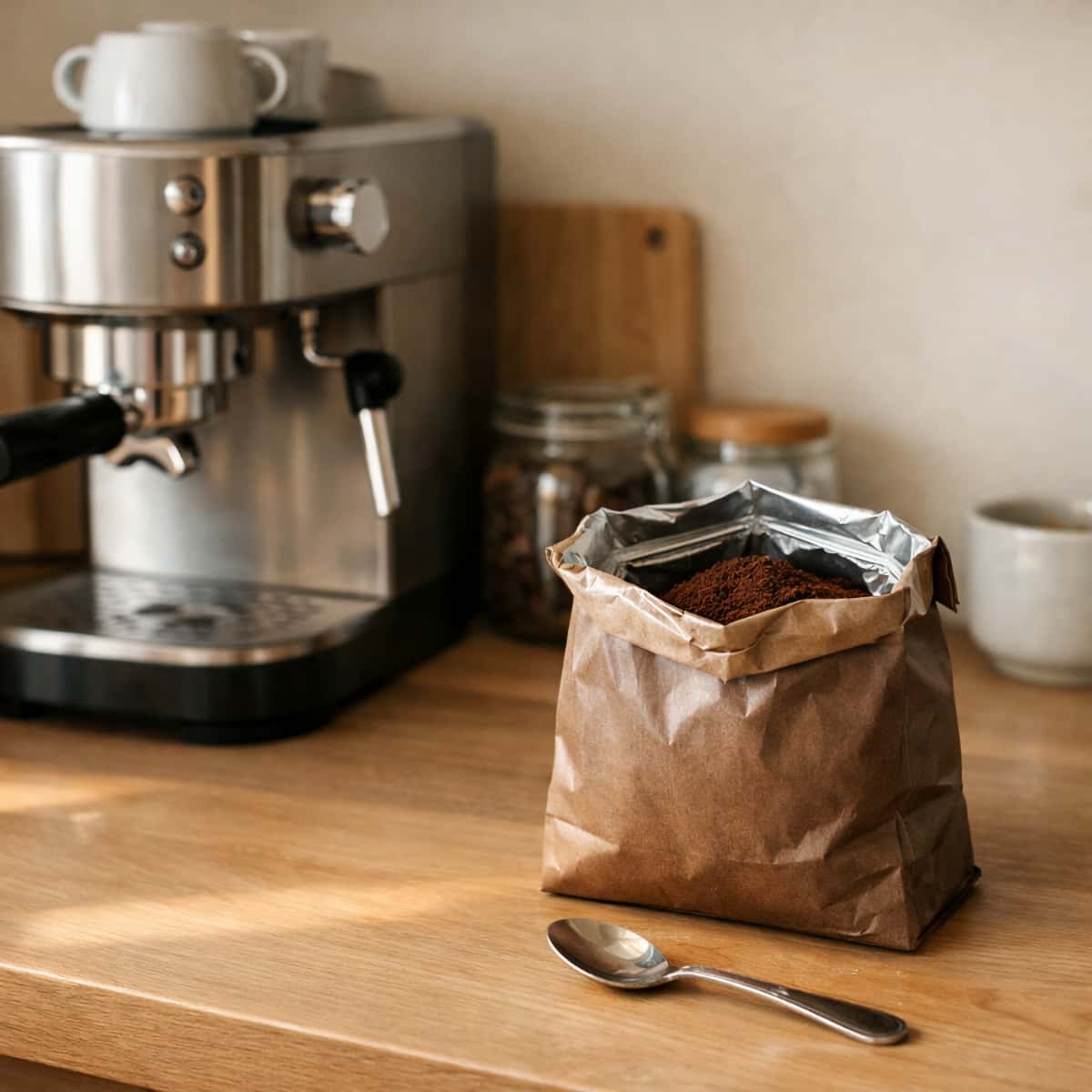 Paquet de café moulu ouvert sur un plan de travail de cuisine